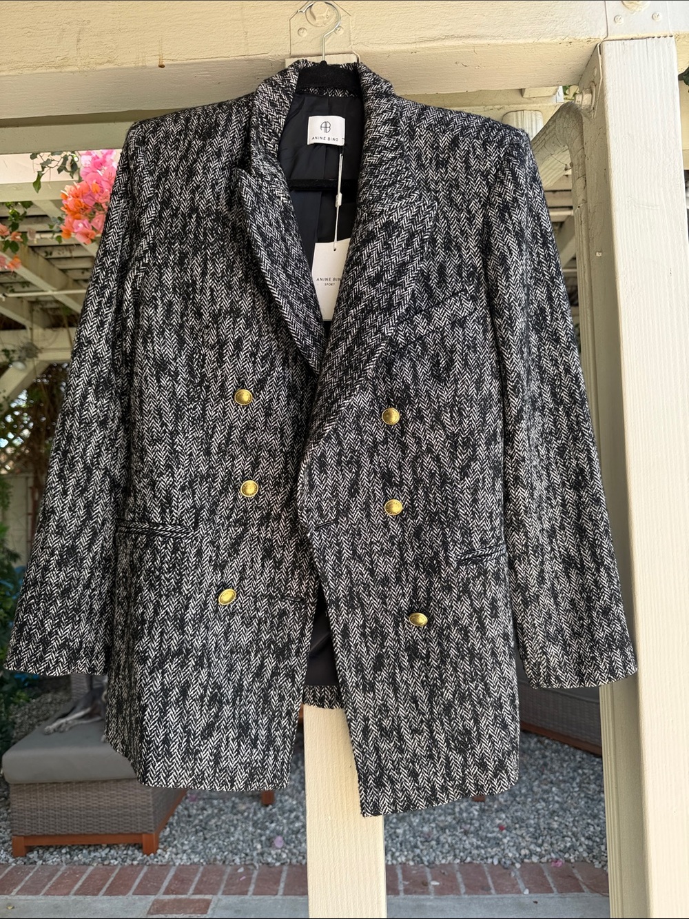 Anine Bing Black and White Herringbone Double-Breasted Blazer